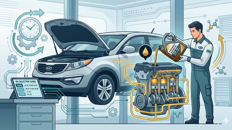 Современная иллюстрация канистры моторного масла и двигателя автомобиля KIA для статьи о выборе смазочных материалов
