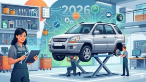 Современная иллюстрация автомобиля KIA Sportage 2005-2010 годов в автосервисе для статьи о техническом обслуживании